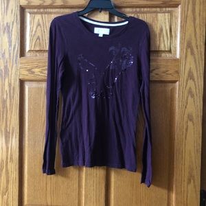American Eagle long-sleeved tee shirt. Wine color. Sequin Eagle on front. L. EUC